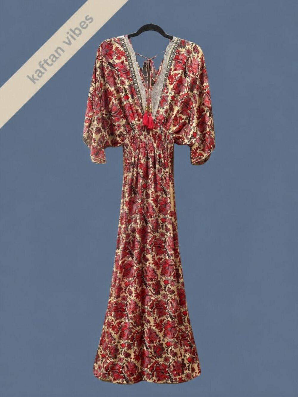 Coastal Boho Silk Blend Maxi Caftan Dress - Floral Paisley Red Cream